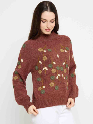 Madame Floral Embroidered Brown Pullover Sweater