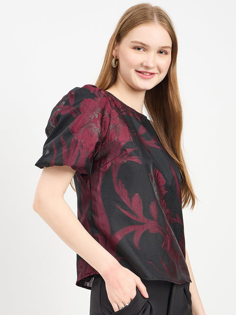Madame Textured Burgundy Puff Sleeve Top