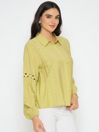 Madame Puff Sleeve Pear Green Rayon Blend Shirt