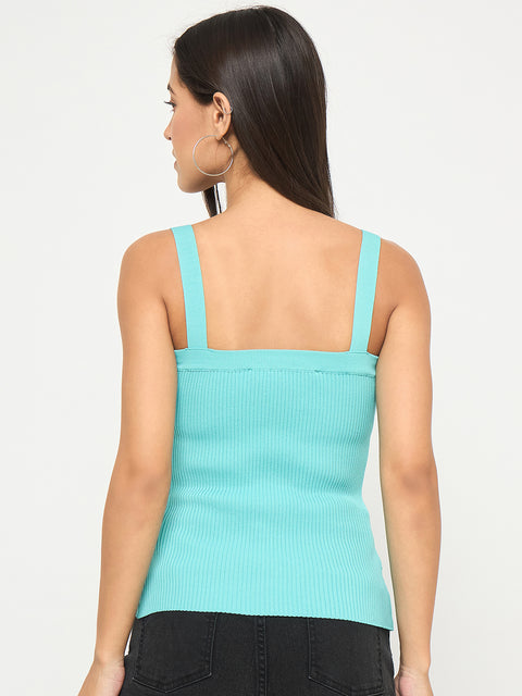 Madame Ribbed Sleeveless Aqua Blue Knitted Top