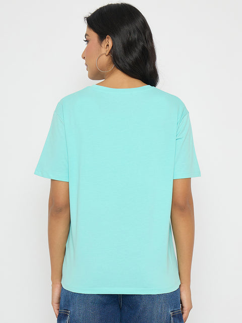 Madame Embroidered Graphic Print Cotton Aqua Blue T-Shirt