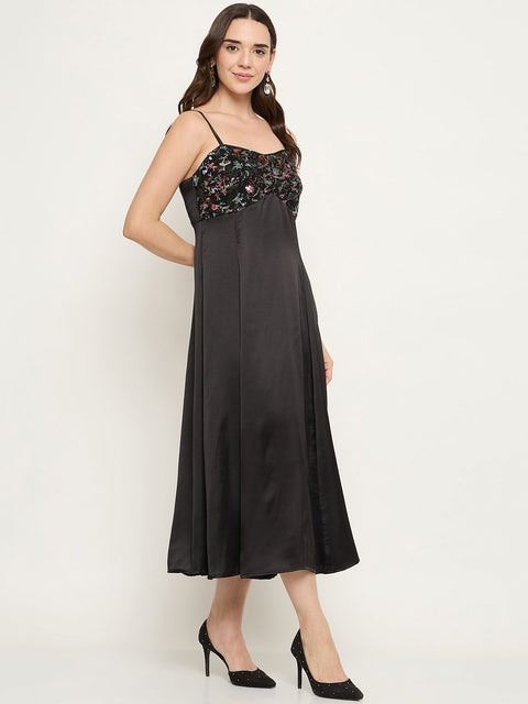 Madame Embroidered Midi Black Dress