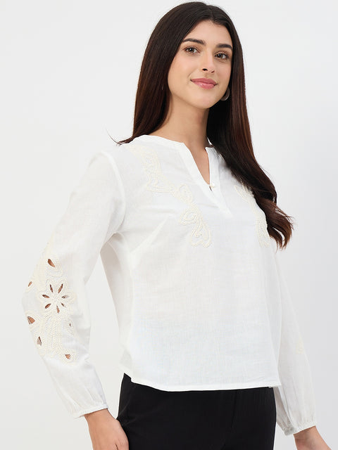 Madame White Embroidered Cotton-Linen Tunic Top