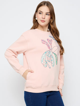 Madame Embellished Print Cotton Blend Peach Sweatshirt