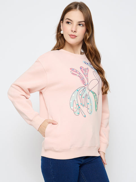 Madame Embellished Print Cotton Blend Peach Sweatshirt