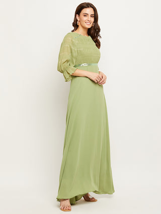 Madame Green Embellished Puff Sleeve Fit-Flare Dress