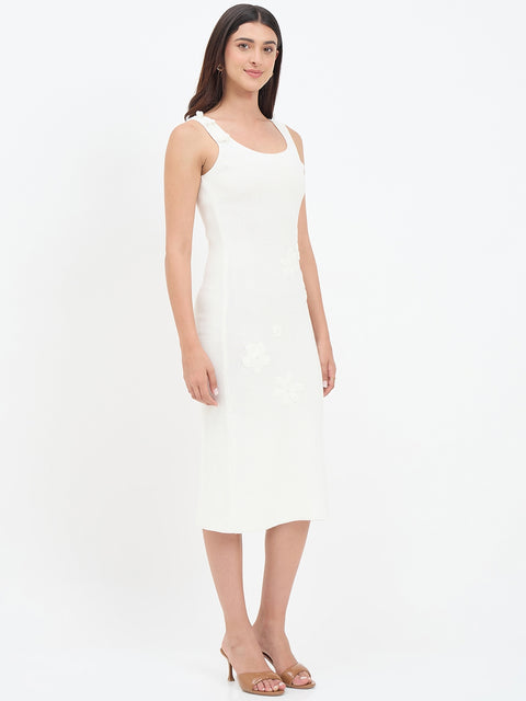 Madame Off White Floral Knit Cotton Midi Dress