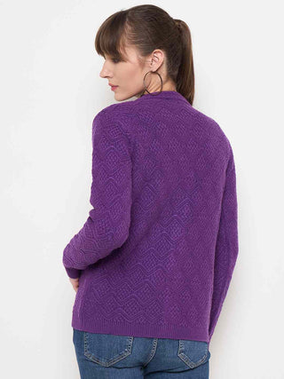 Madame Cable Knit Glossy Buttoned Purple Acrylic Cardigan