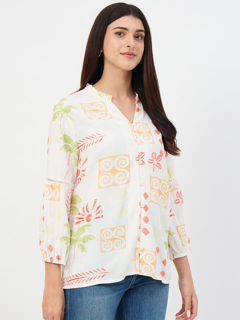 Madame Off-White Printed Mandarin-Collar Viscose Tunic