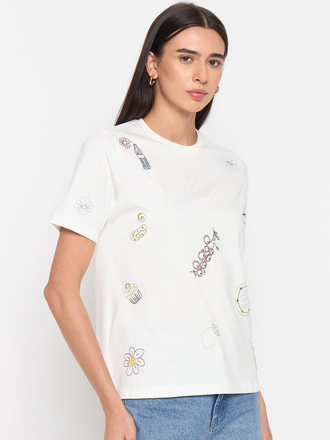 Madame White Printed Cotton Half-Sleeve T-Shirt