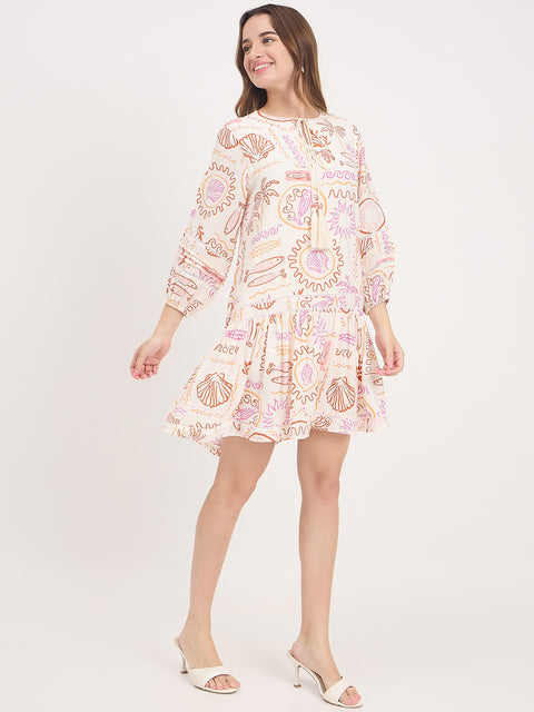 Madame Off White Printed Rayon A-Line Midi Dress