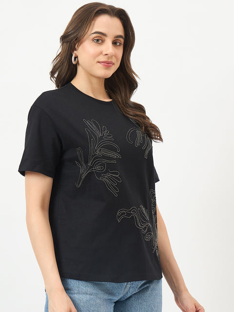 Madame Black Cotton Graphic Half-Sleeve T-Shirt