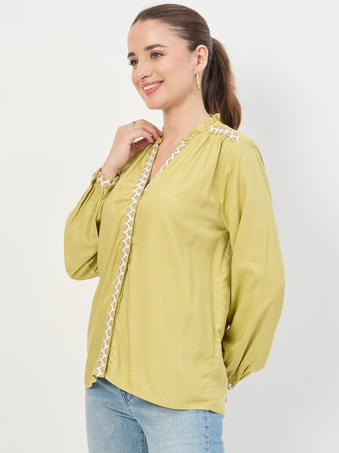 Madame Lime Viscose Embroidery Trim Sleeveless Top