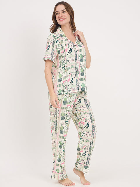 mSECRET Green Printed Rayon Spread Collar Short Sleeve Night Suit