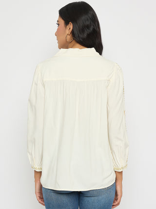 Madame Off White Viscose Blend Floral Embroidered Shirt