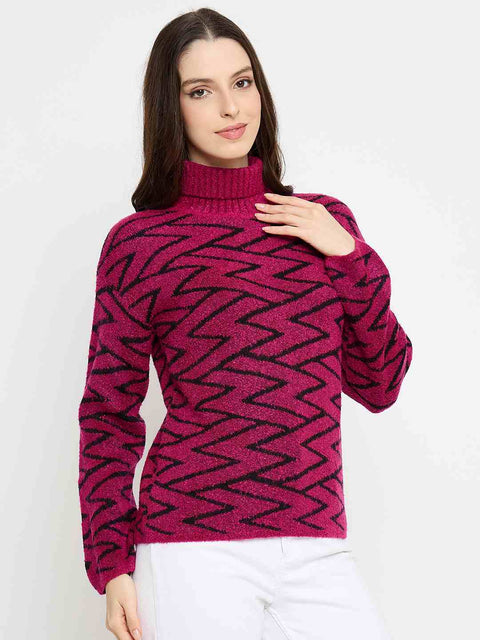Madame Geometric Print High Neck Fuchsia Pink Sweater