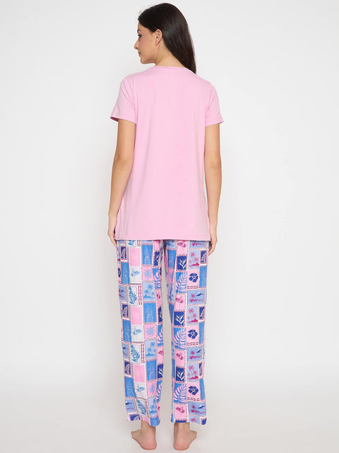 mSECRET Graphic Print Top and Bottom Pink Night Suit
