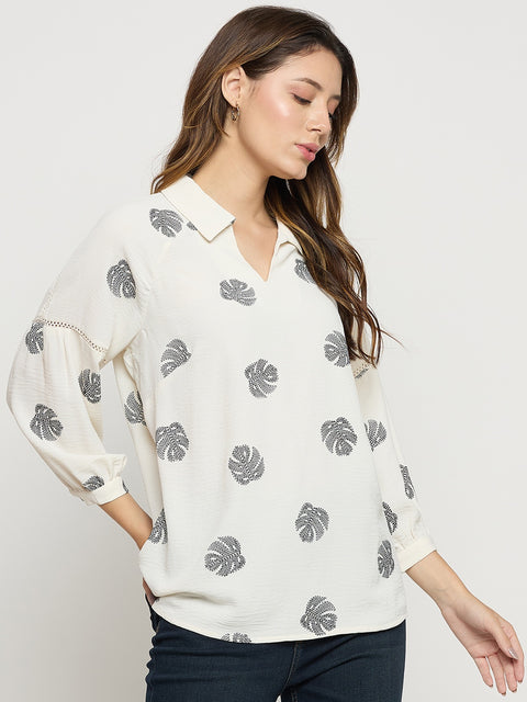 Madame Off White Printed Collar Puff Sleeve Top