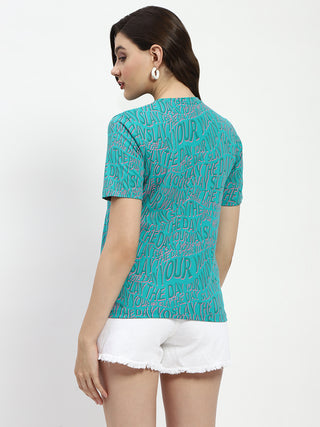 Madame Typographic Print Sea Green Cotton T-Shirt
