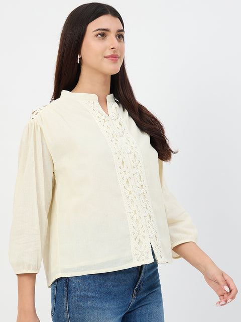 Madame Off-White Crochet-Lacework Cotton Mandarin-Collar Top