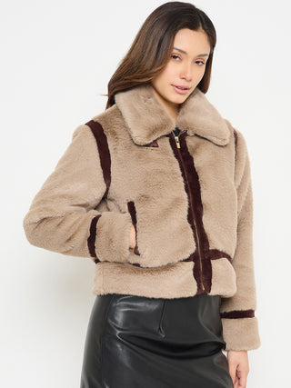 Madame Faux Fur Trim Brown Jacket with Contrast Seams
