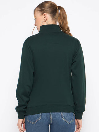 Madame Fleece Embroidery Detailed Turtleneck Bottle Green Sweatshirt