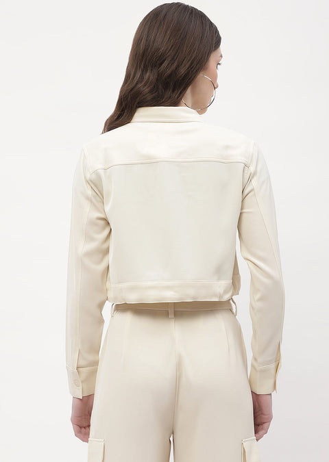 Madame Drawstring Waist Beige Flap Pocket Crop Shirt