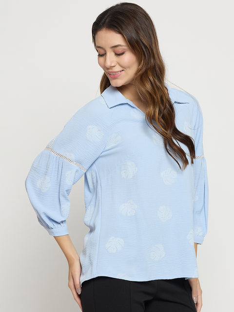 Madame Blue Printed Collar Puff Sleeve Top