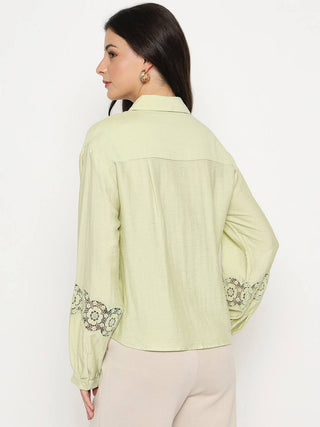 Madame Floral Lace Insertion Green Rayon Blend Shirt