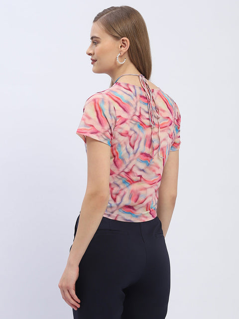 Madame Abstract Print Pink Halter Neck Crop Top