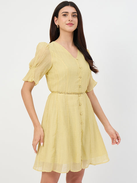 Madame Butter Yellow Fit and Flare Lyocell Dress with Chain Belt