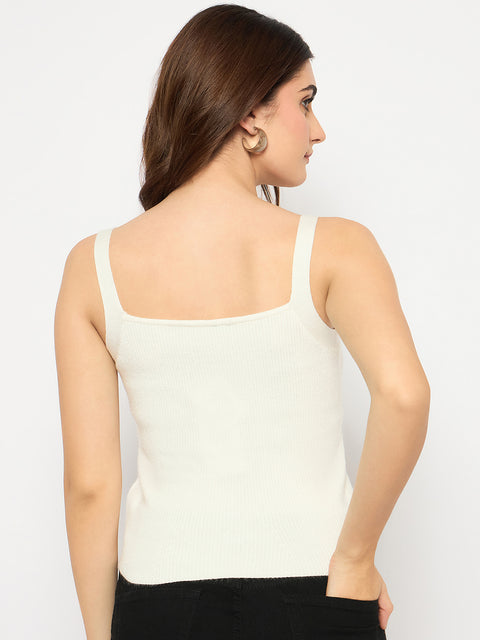 Madame Sleeveless Solid White Ribbed Knit Sweater