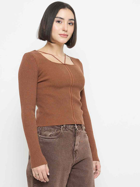 Madame Ribbed Knit Square Neck Coffee Brown Crop Top
