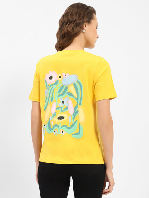 Madame Graphic Printed Round Neck Cotton Yellow T-Shirt