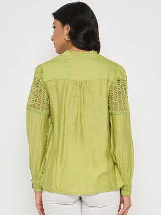 Madame Lace Detailed Pleated Front Green Top