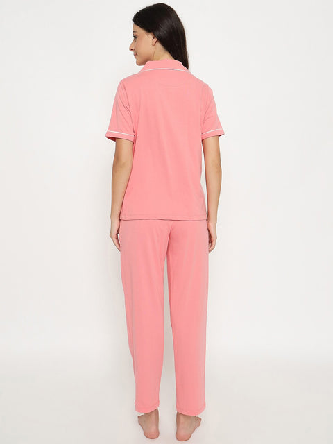 mSECRET Embossed Top and Bottom Coral Cotton Night Suit