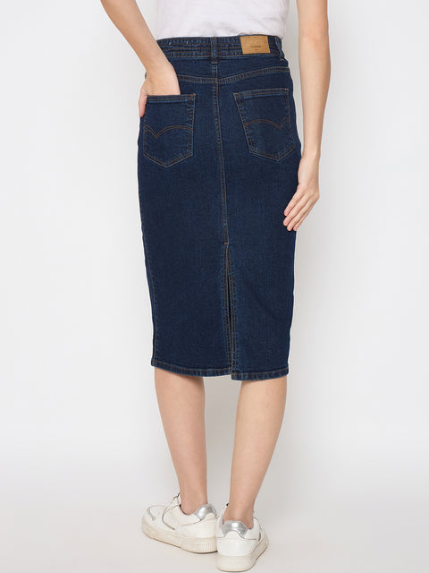 Madame Seam Detailed Dark Blue Denim Midi Skirt