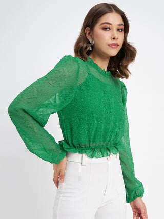 Madame Textured Swiss Dot Detail Green Peplum Top