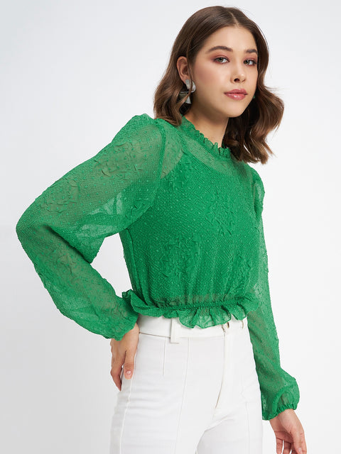 Madame Textured Swiss Dot Detail Green Peplum Top