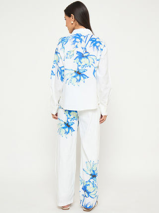 Madame Floral Print Shirt and Trousers Blue Cotton Co-ord Set