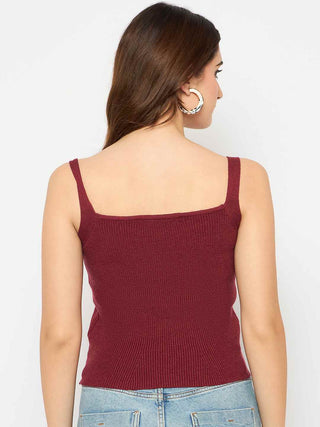 Madame Sleeveless Solid Red Ribbed Knit Sweater