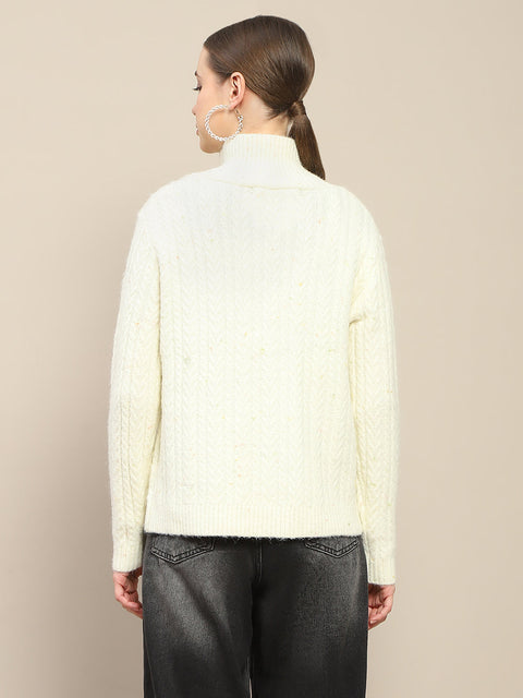 Madame Half Zipper Collared Off White Sweater