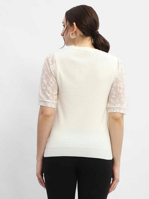 Madame Lace Adorned Beige Embellished Neck Top