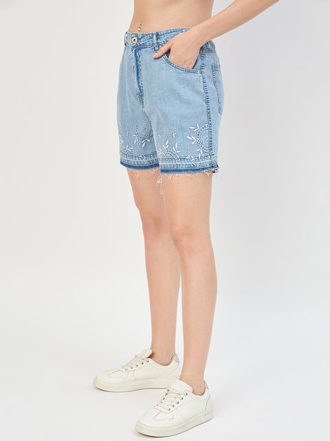 Madame Mid Blue Cotton Tencel Embroidered Denim Shorts