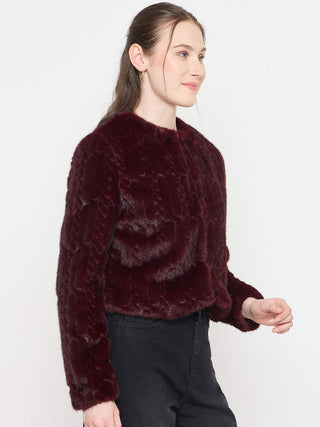 Madame Round Neck Embellished Faux Fur Blazer