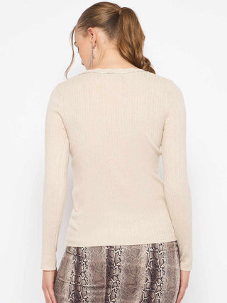 Madame Scalloped Neck Solid Beige Sweater