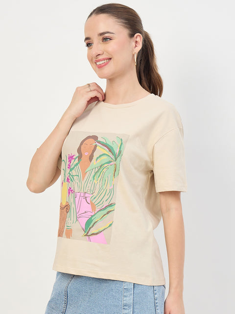 Madame Beige Graphic Print Cotton Round Neck T-Shirt