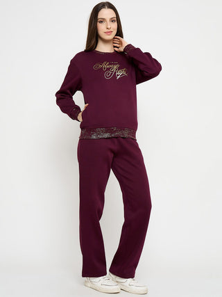 mSECRET Typography Print Sweatshirt and Straight Bottoms Plum Night Suit