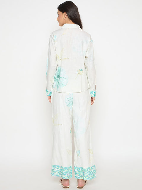 Madame Floral Print Top and Bottom Sea Green Cotton Co-ord Set