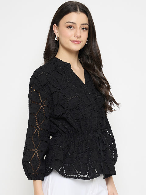 Madame Black Cotton Schiffli Peplum Top
